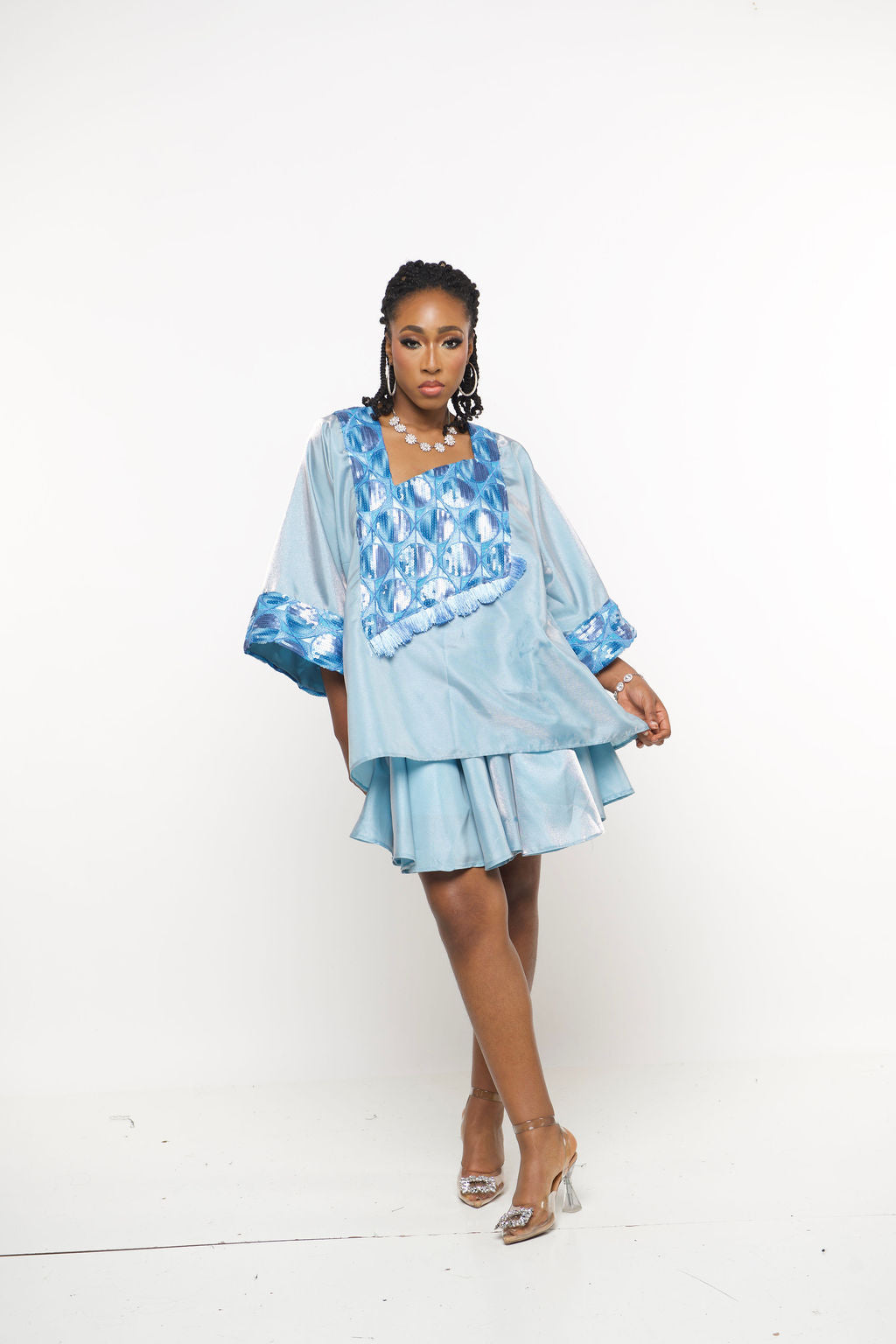 ‘Shurii’ Luxury baby blue Satin African Kaftan set – Embellished Mini skirt set and kaftan top with Fringe Detail | Maison Aghaa
