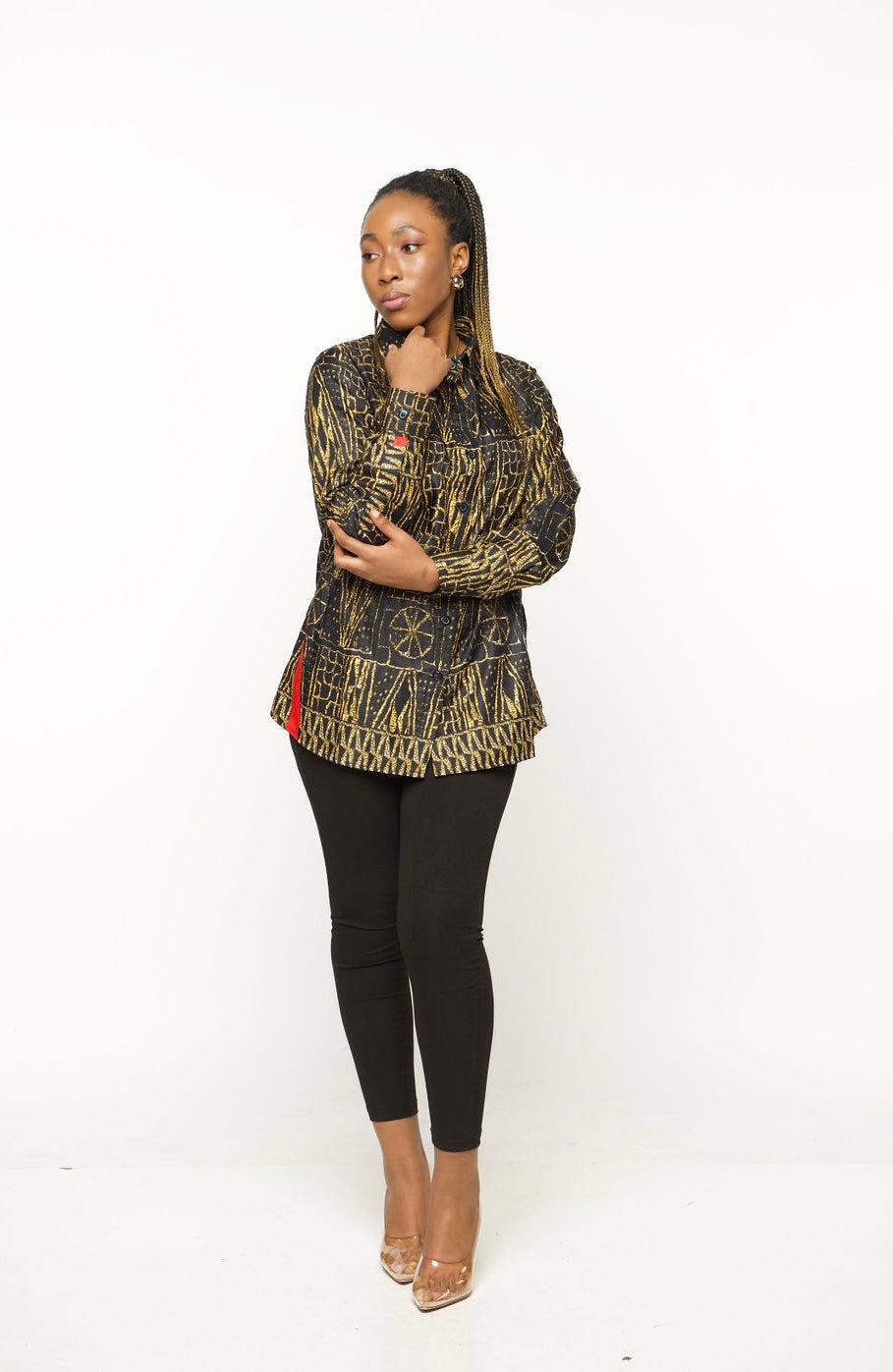 ‘BAMII’ Luxury Black & Gold Patterned Button-Down Shirt – Long Sleeve Statement Blouse