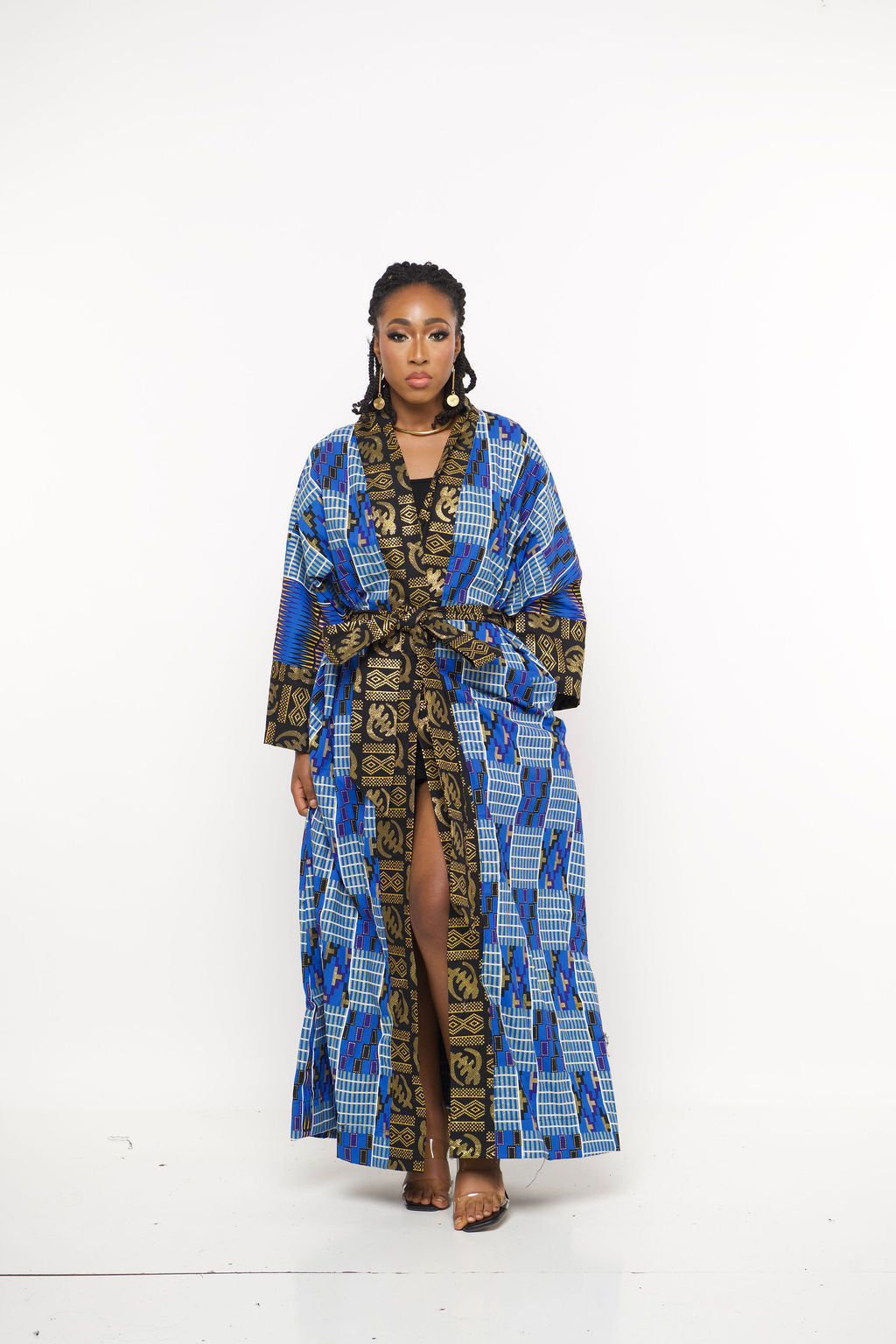 ‘Nadii’ Ankara Kente-Inspired Blue & Gold Maxi Kimono Robe