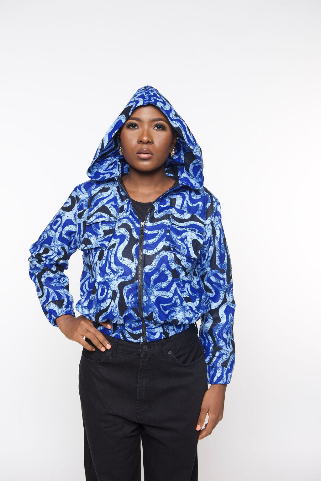 ‘Tifu’ blue Blue Print Cropped Hoodie Jacket – Lightweight Bomber Style Streetwear