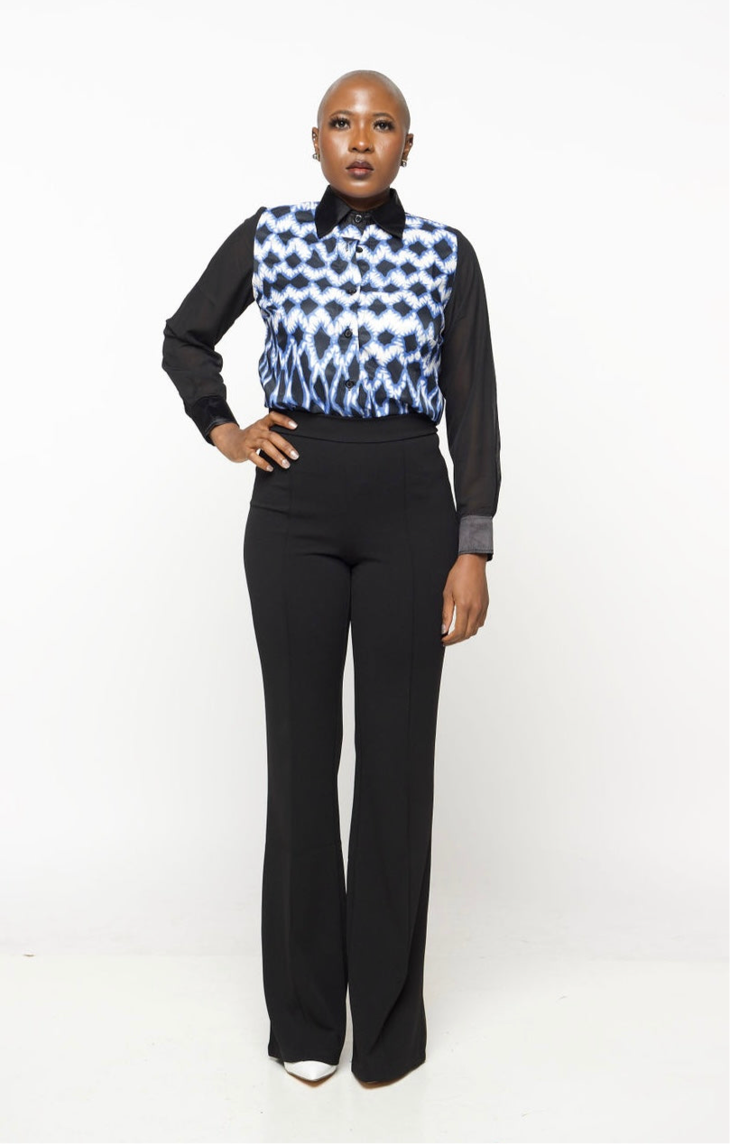 ‘Opal’ Blue & Black Button-Down Shirt with Sheer Sleeves – Women’s Elegant Work to Evening Blouse