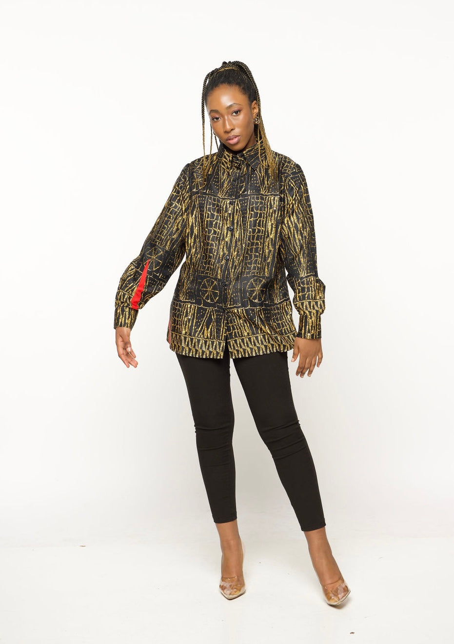 ‘BAMII’ Luxury Black & Gold Patterned Button-Down Shirt – Long Sleeve Statement Blouse
