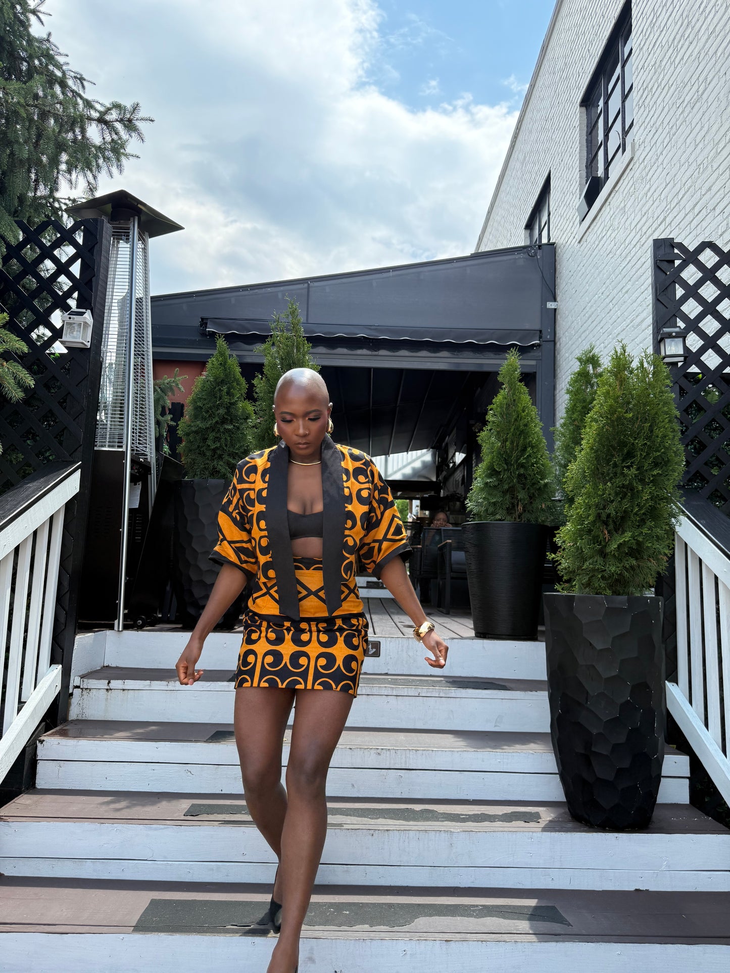 ‘Ninaa’ Gold & Black African Print Two-Piece Set – Cropped Kimono Jacket and Mini Skirt for Women