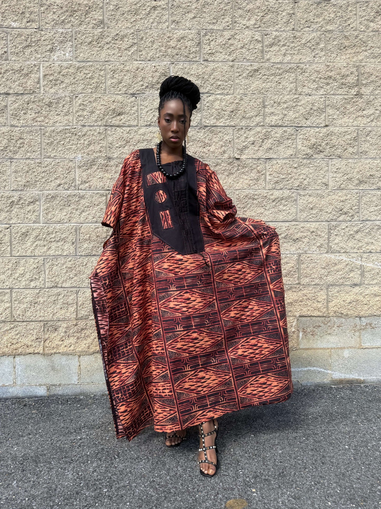 ‘Mayaa’ Upcycled African Print Kaftan Dress – Bold Red & Black Heritage Boubou