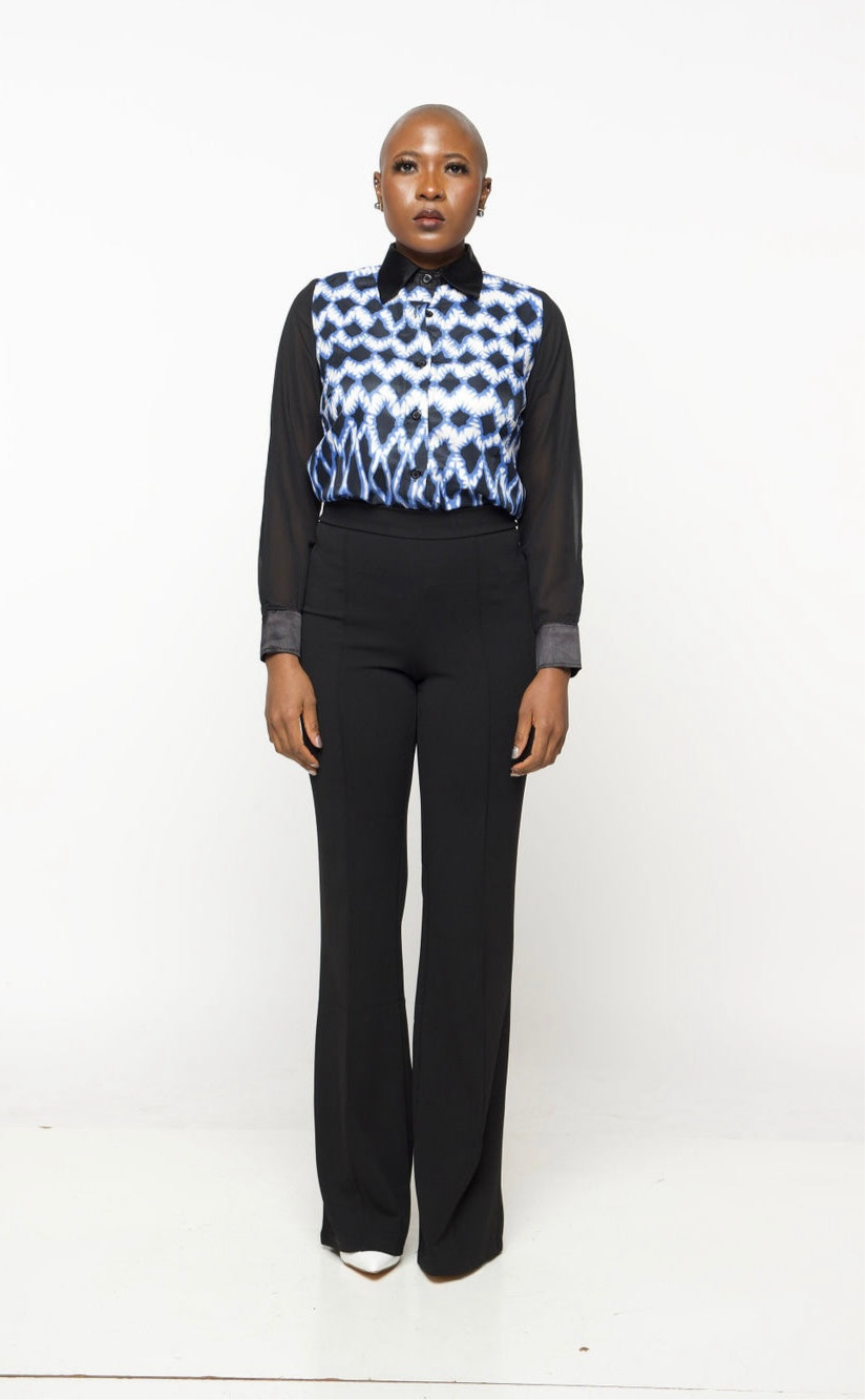 ‘Opal’ Blue & Black Button-Down Shirt with Sheer Sleeves – Women’s Elegant Work to Evening Blouse