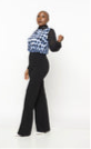 ‘Opal’ Blue & Black Button-Down Shirt with Sheer Sleeves – Women’s Elegant Work to Evening Blouse