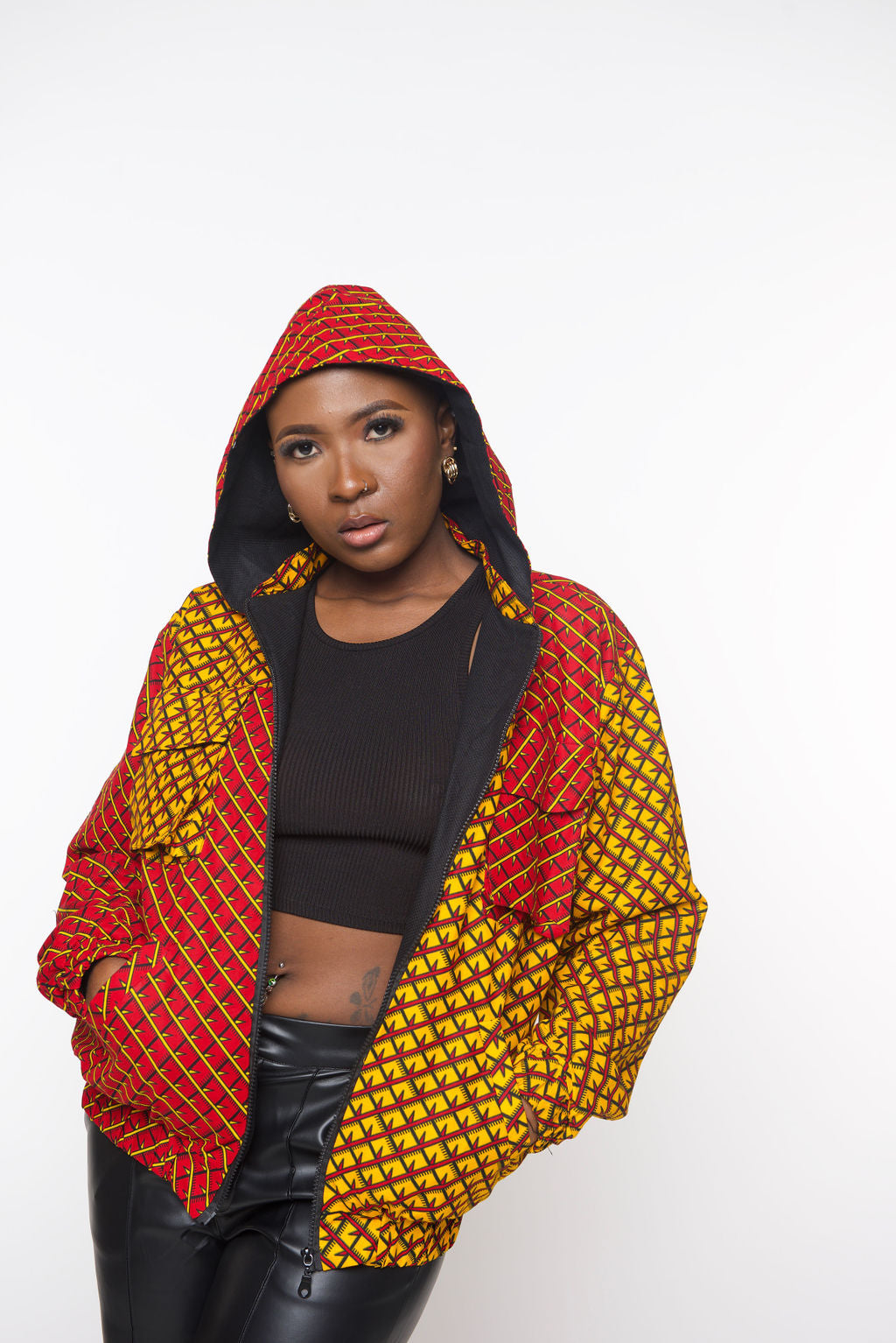 ‘Tifu’ African Print Hoodie Jacket – Red and Yellow Ankara Bomber, Unisex Festival Streetwear