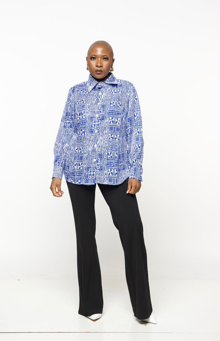‘Bamii’ Blue Print Button Down Shirt – Long Sleeve Collared Blouse for Women