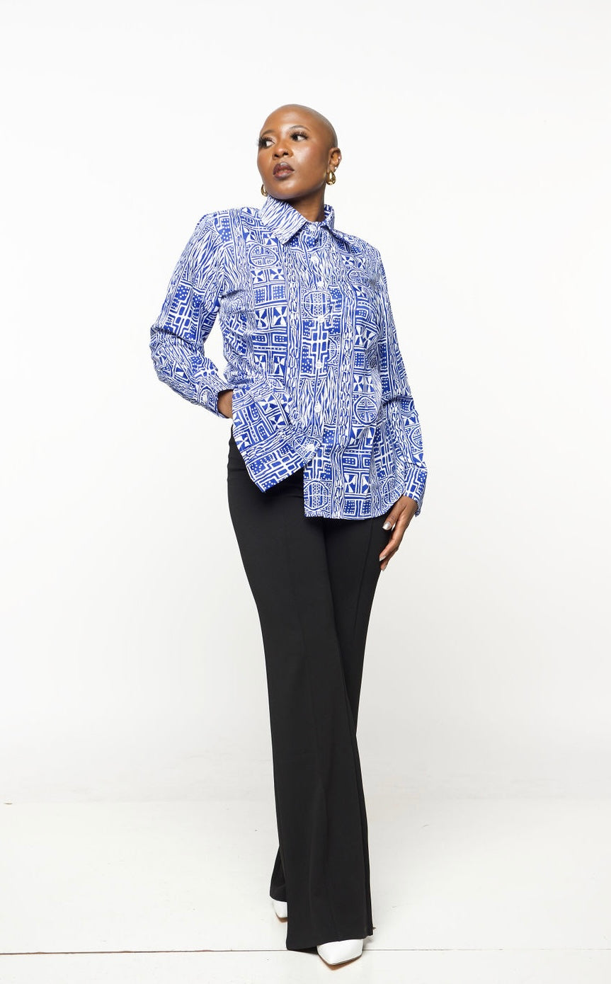 ‘Bamii’ Blue Print Button Down Shirt – Long Sleeve Collared Blouse for Women