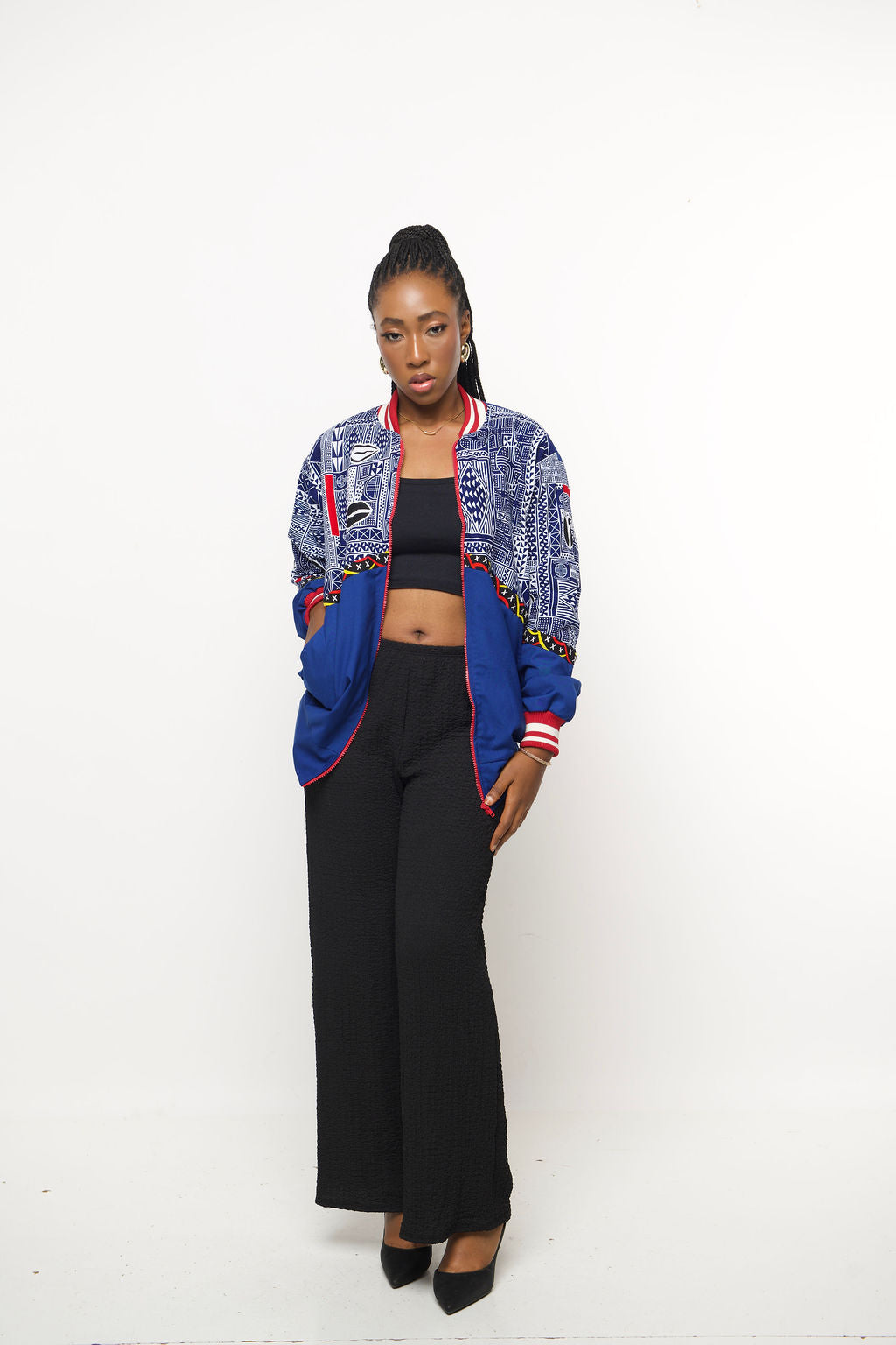 Ninoo- B African Print Bomber Jacket – Blue Red Unisex Ankara Streetwear | Handmade Statement Jacket