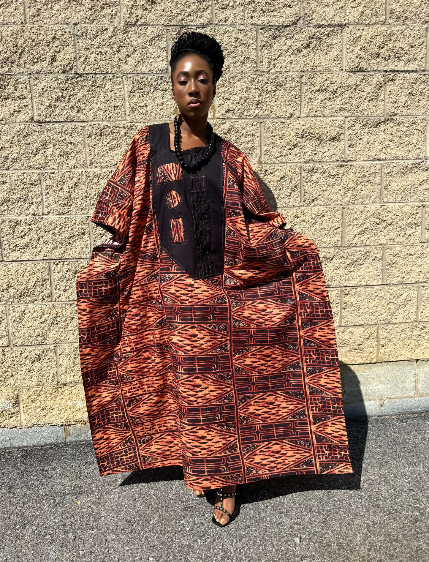 ‘Mayaa’ Upcycled African Print Kaftan Dress – Bold Red & Black Heritage Boubou