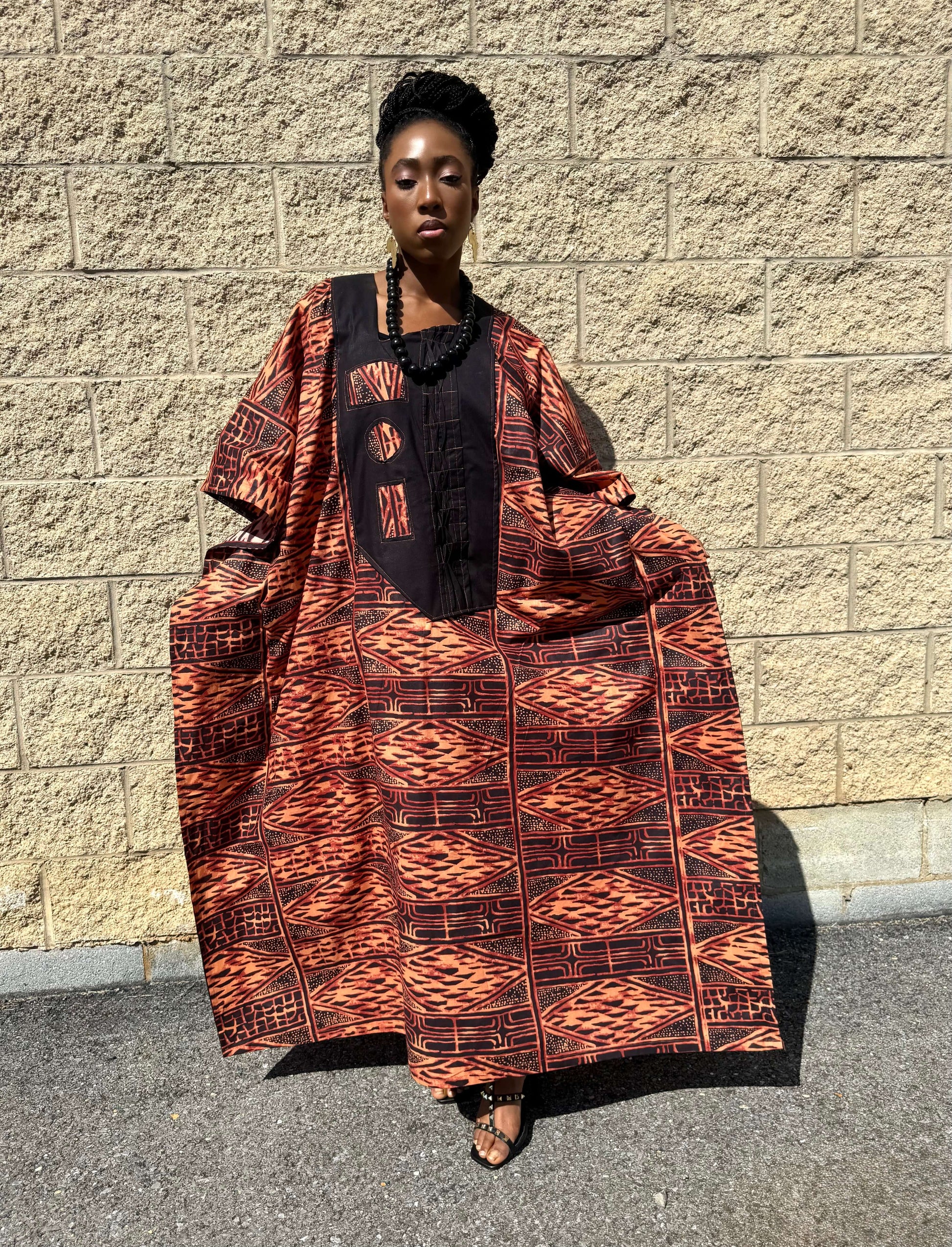 ‘Mayaa’ Upcycled African Print Kaftan Dress – Bold Red & Black Heritage Boubou