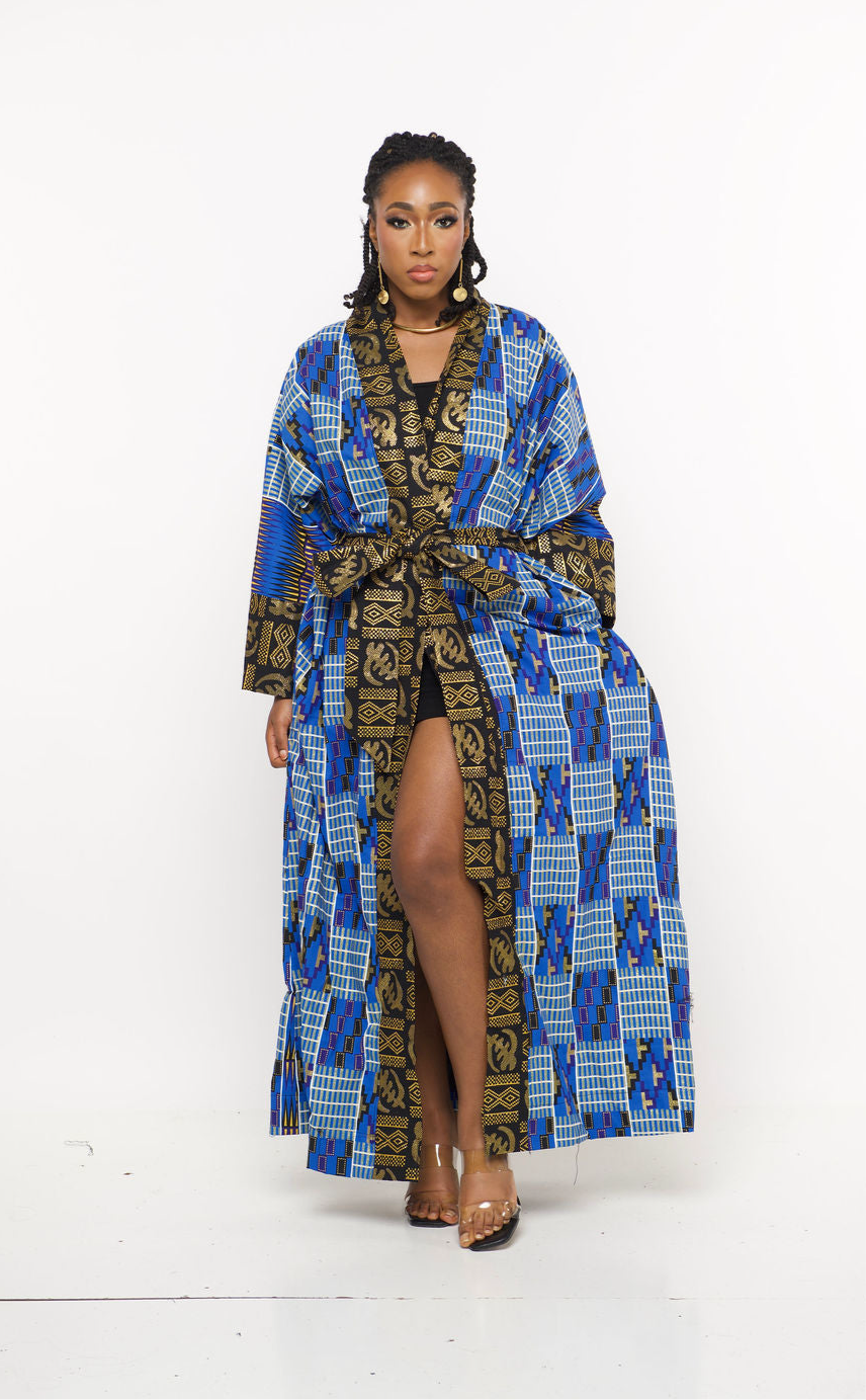 ‘Nadii’ Ankara Kente-Inspired Blue & Gold Maxi Kimono Robe