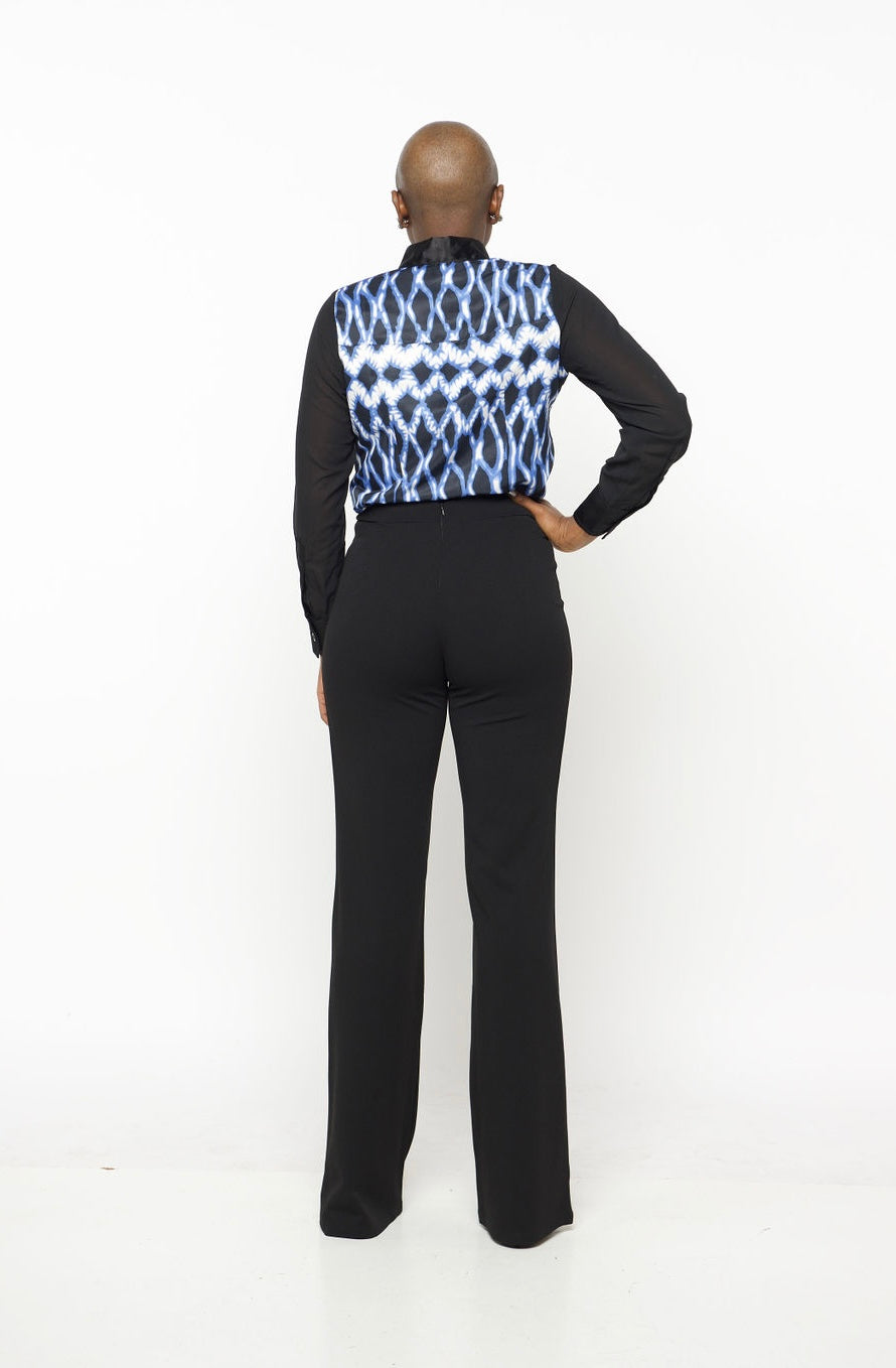 ‘Opal’ Blue & Black Button-Down Shirt with Sheer Sleeves – Women’s Elegant Work to Evening Blouse