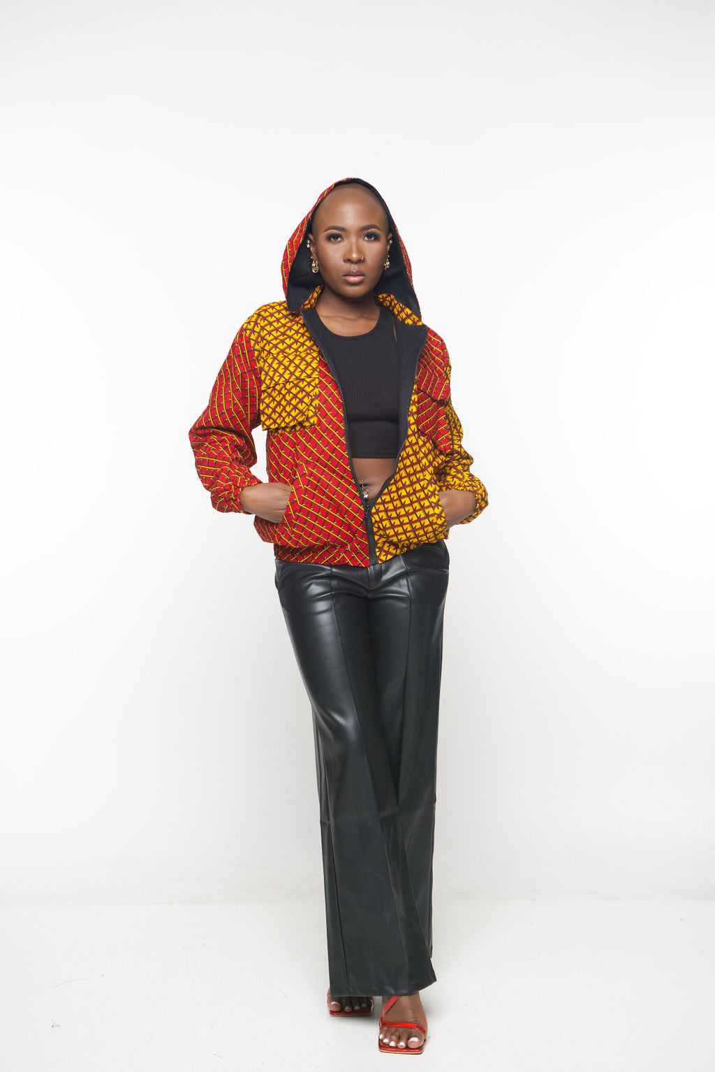 ‘Tifu’ African Print Hoodie Jacket – Red and Yellow Ankara Bomber, Unisex Festival Streetwear