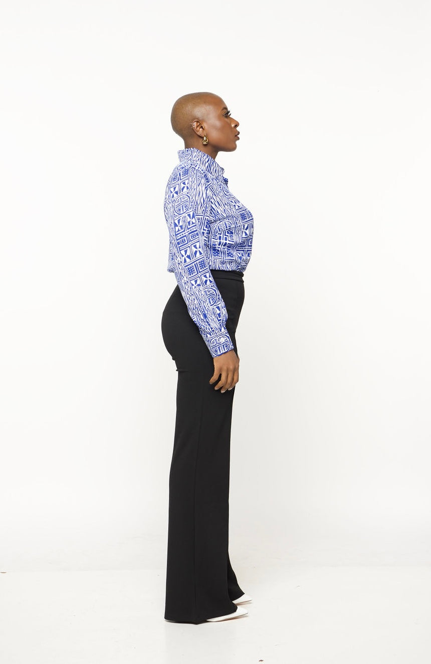 ‘Bamii’ Blue Print Button Down Shirt – Long Sleeve Collared Blouse for Women