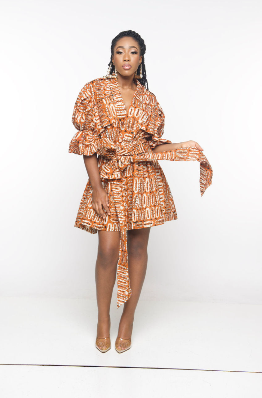‘Bamii’ Nude African print mini Wrap Dress