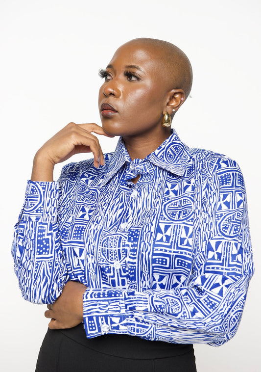 ‘Bamii’ Blue Print Button Down Shirt – Long Sleeve Collared Blouse for Women