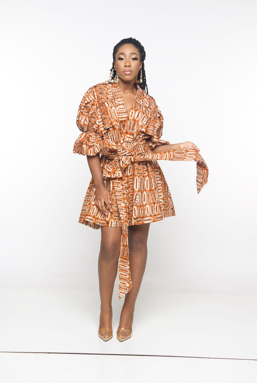 ‘Bamii’ Nude African print mini Wrap Dress