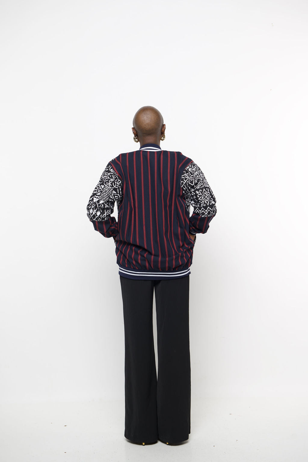 African Print Bomber Jacket – Unisex Ankara Streetwear | Handmade Tribal Pattern Jacket with Striped Accents