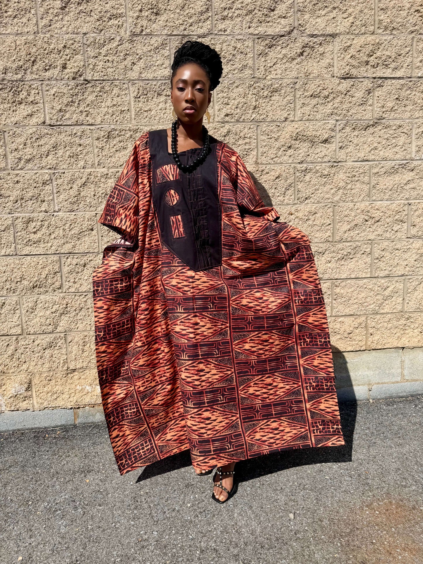 ‘Mayaa’ Upcycled African Print Kaftan Dress – Bold Red & Black Heritage Boubou