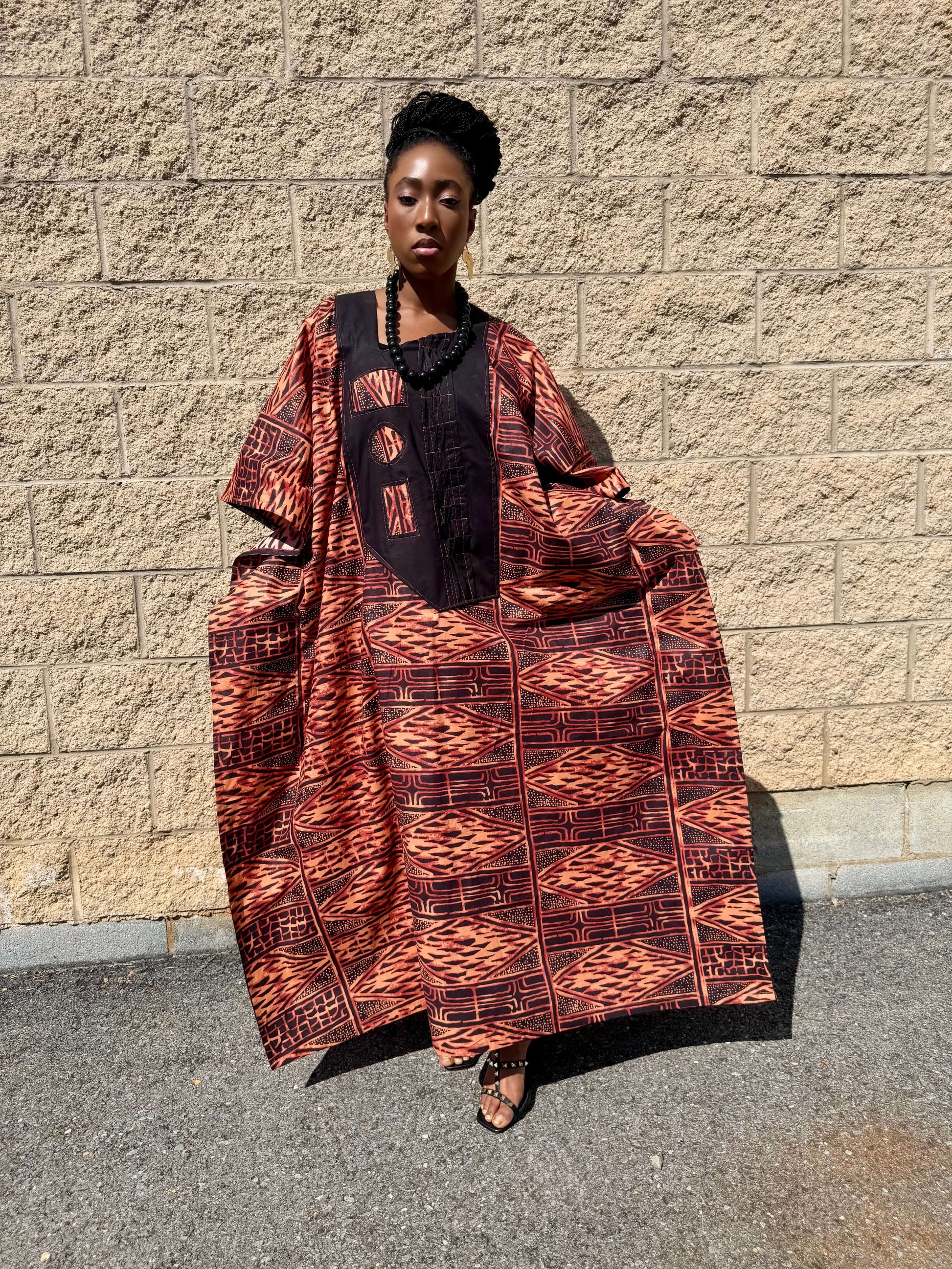 ‘Mayaa’ Upcycled African Print Kaftan Dress – Bold Red & Black Heritage Boubou