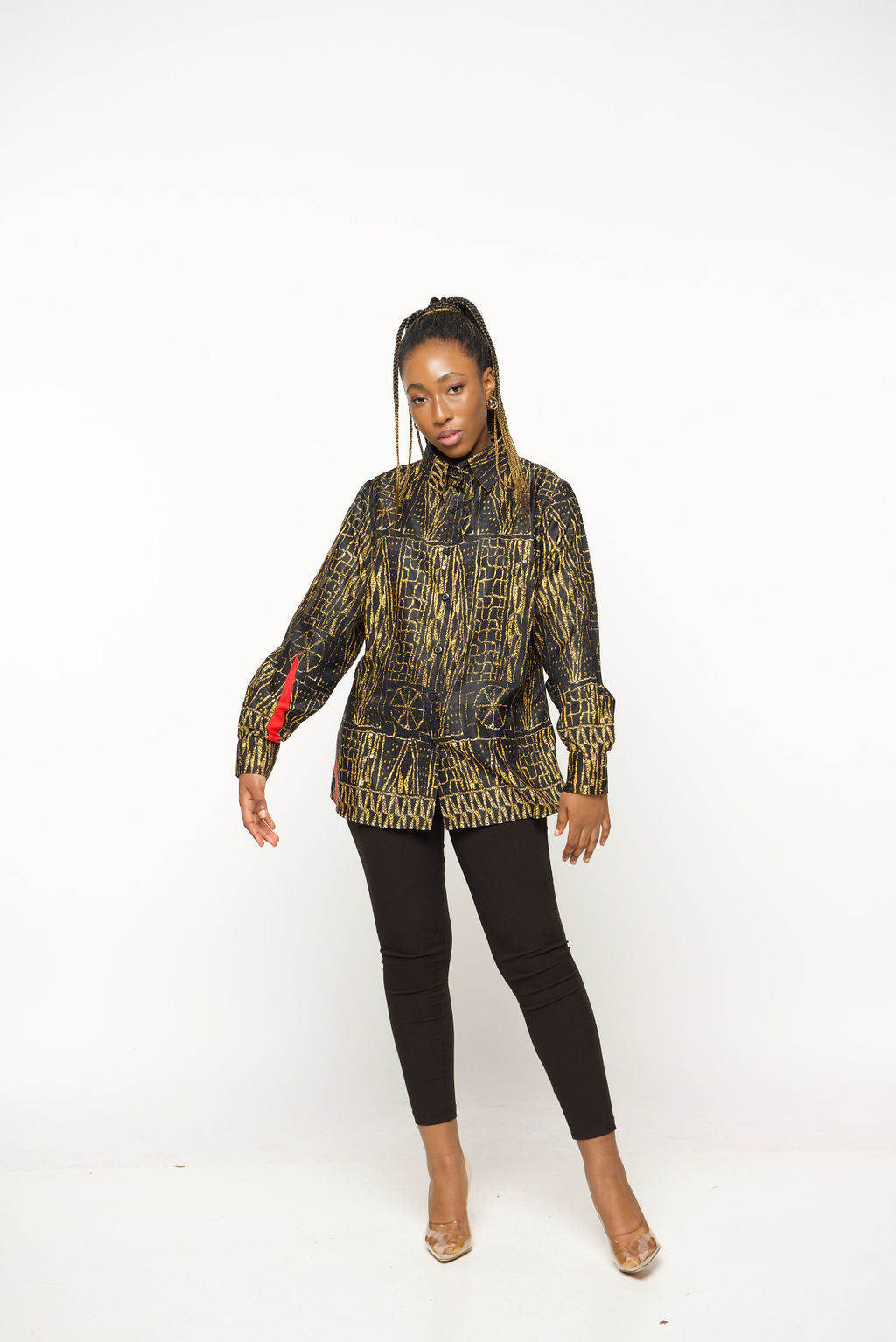 ‘BAMII’ Luxury Black & Gold Patterned Button-Down Shirt – Long Sleeve Statement Blouse