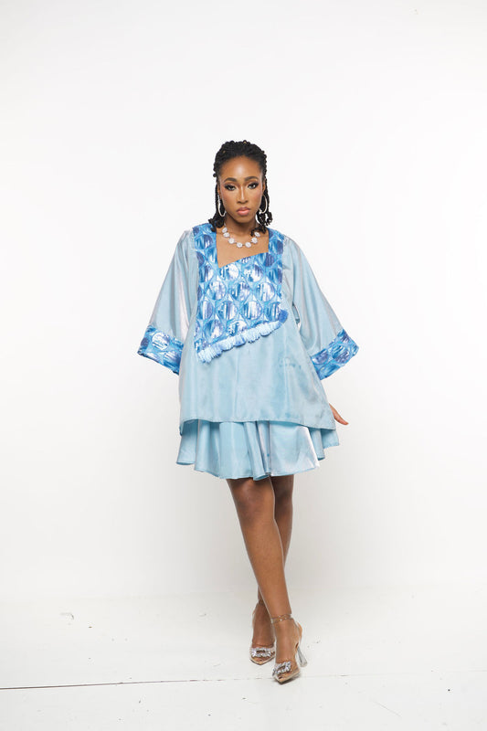 ‘Shurii’ Luxury baby blue Satin African Kaftan set  – Embellished Mini skirt set and kaftan top with Fringe Detail | Maison Aghaa