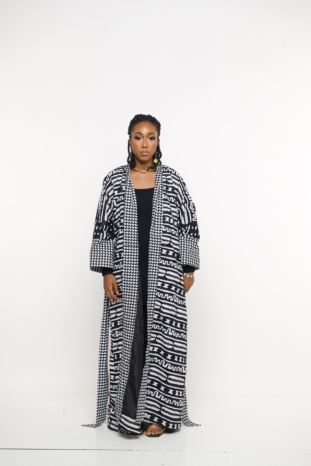 ‘Sanaa-Ndop’ Regal |Monochrome Houndstooth Maxi Kimono Robe