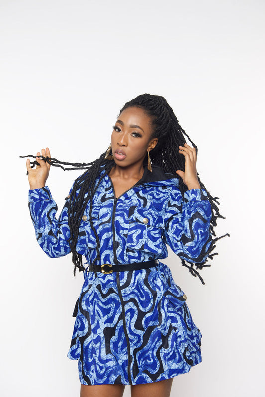 ‘Timaa’ African Print Hoodie Dress – Blue Ankara Long Jacket, Festival Streetwear Coat