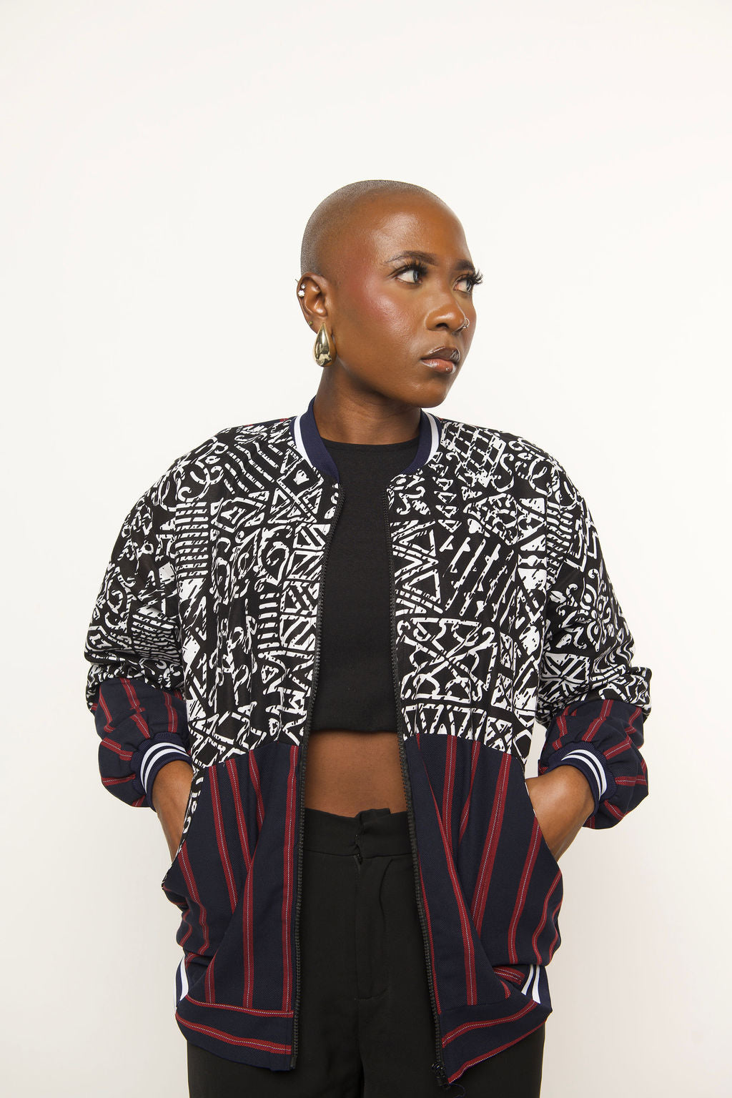 African Print Bomber Jacket – Unisex Ankara Streetwear | Handmade Tribal Pattern Jacket with Striped Accents