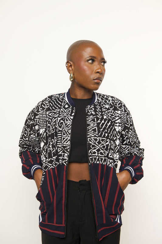 African Print Bomber Jacket – Unisex Ankara Streetwear | Handmade Tribal Pattern Jacket with Striped Accents
