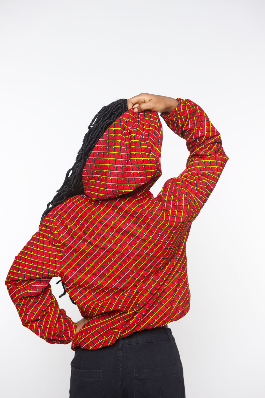 ‘Tifu’ Red African Print Hoodie Jacket – Red Bomber, Unisex Festival Streetwear
