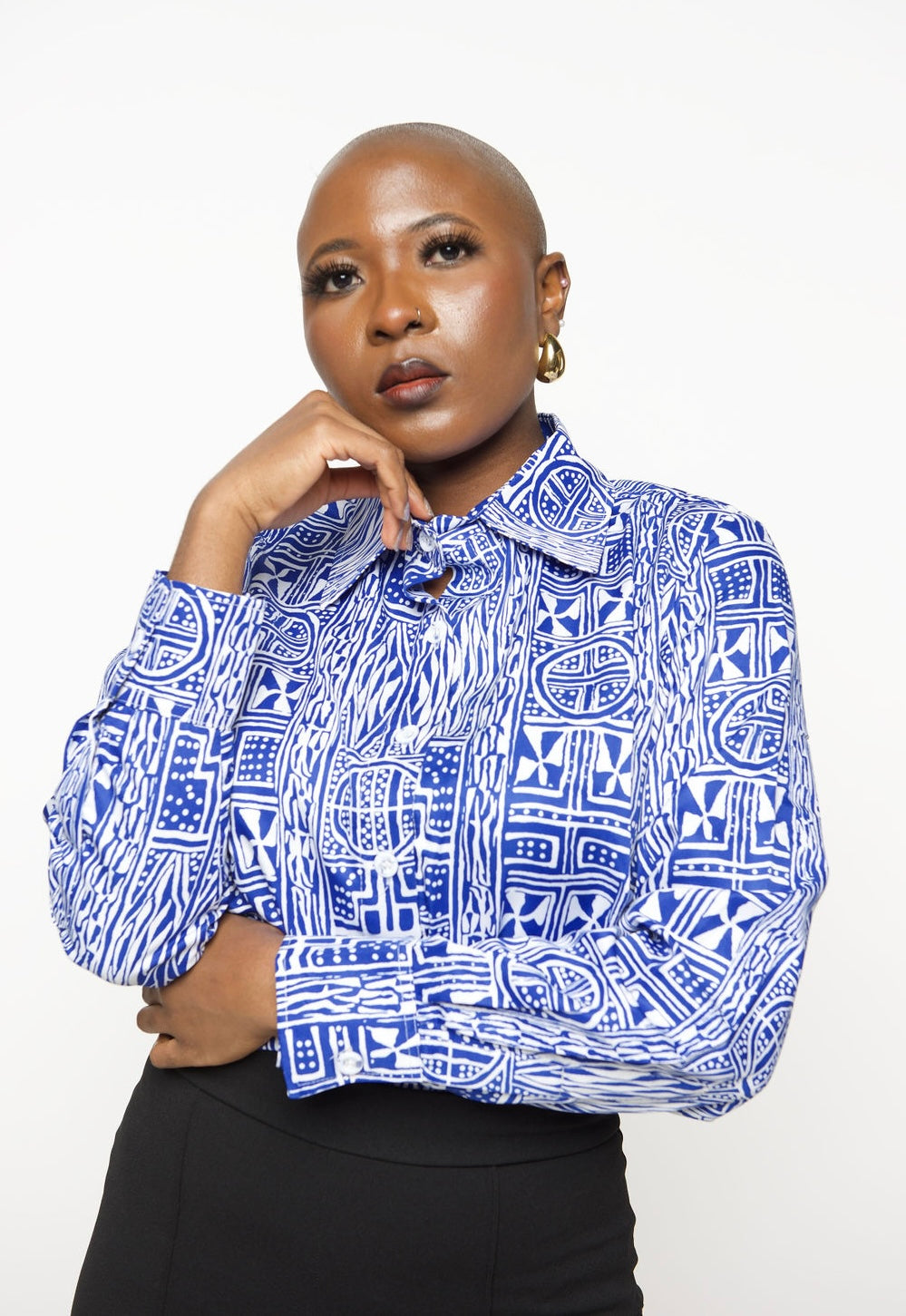 ‘Bamii’ Blue Print Button Down Shirt – Long Sleeve Collared Blouse for Women
