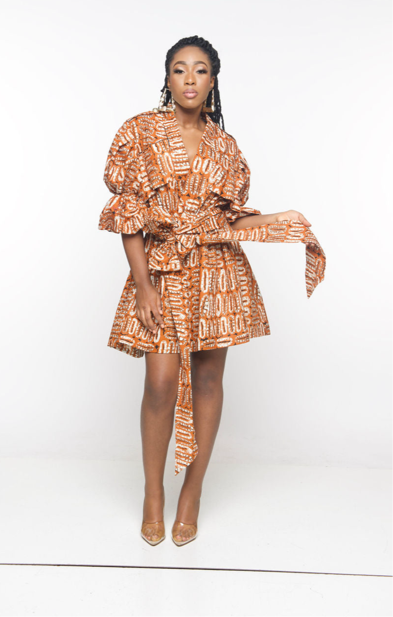 ‘Bamii’ Nude African print mini Wrap Dress