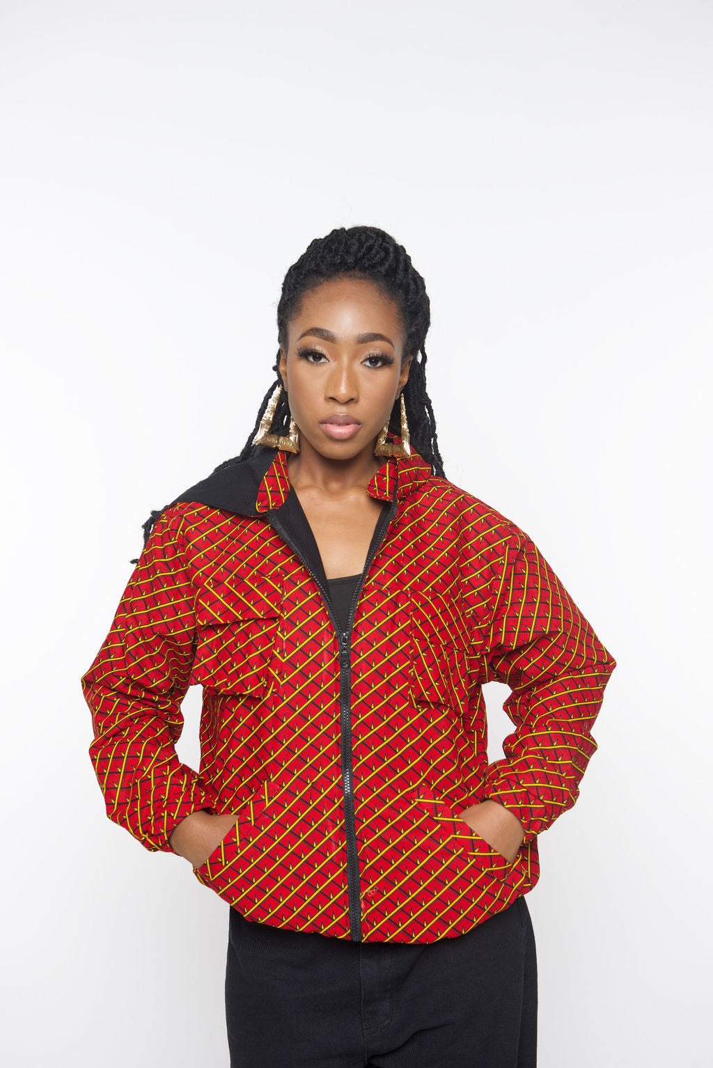 ‘Tifu’ Red African Print Hoodie Jacket – Red Bomber, Unisex Festival Streetwear