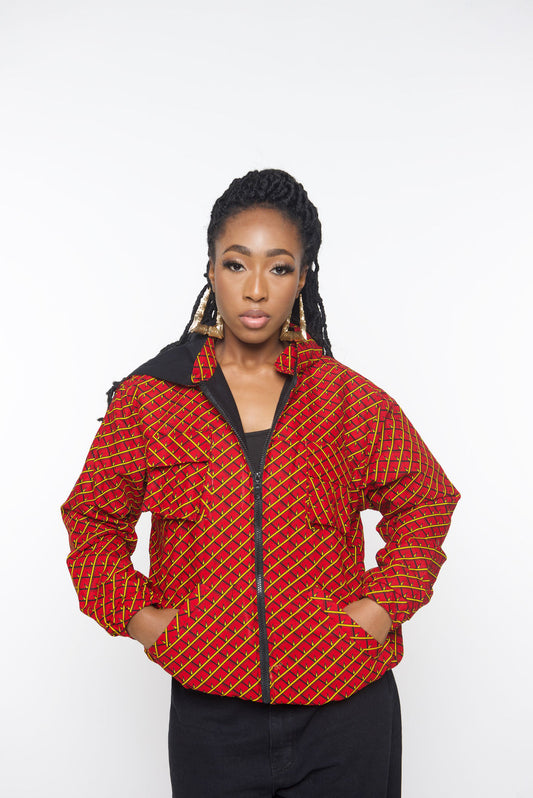 ‘Tifu’ Red African Print Hoodie Jacket – Red Bomber, Unisex Festival Streetwear