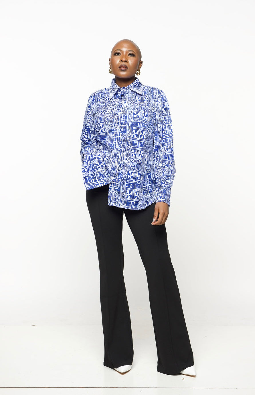 ‘Bamii’ Blue Print Button Down Shirt – Long Sleeve Collared Blouse for Women