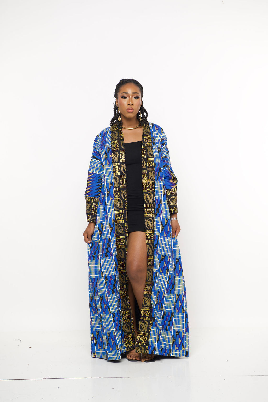 ‘Nadii’ Ankara Kente-Inspired Blue & Gold Maxi Kimono Robe