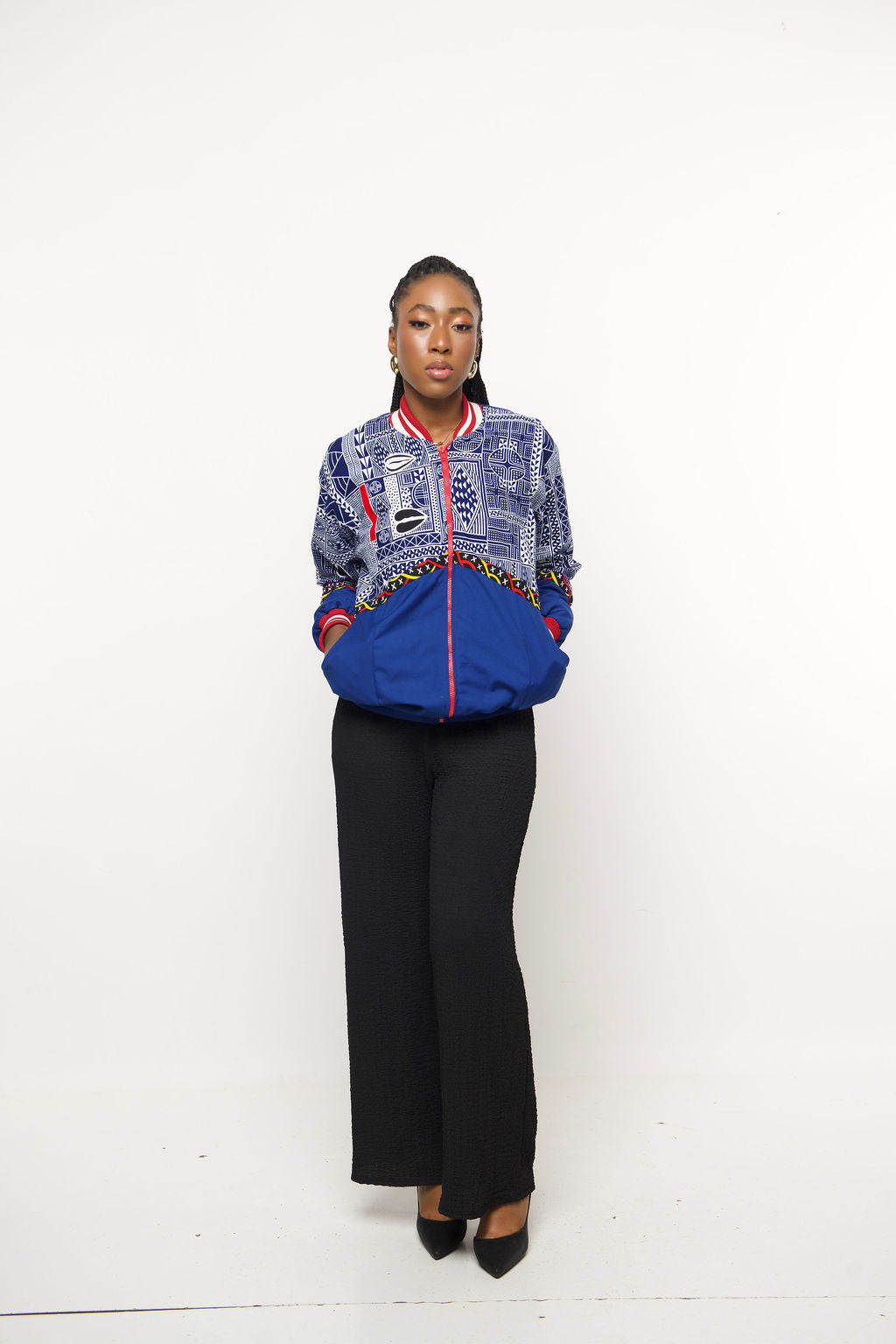 Ninoo- B African Print Bomber Jacket – Blue Red Unisex Ankara Streetwear | Handmade Statement Jacket