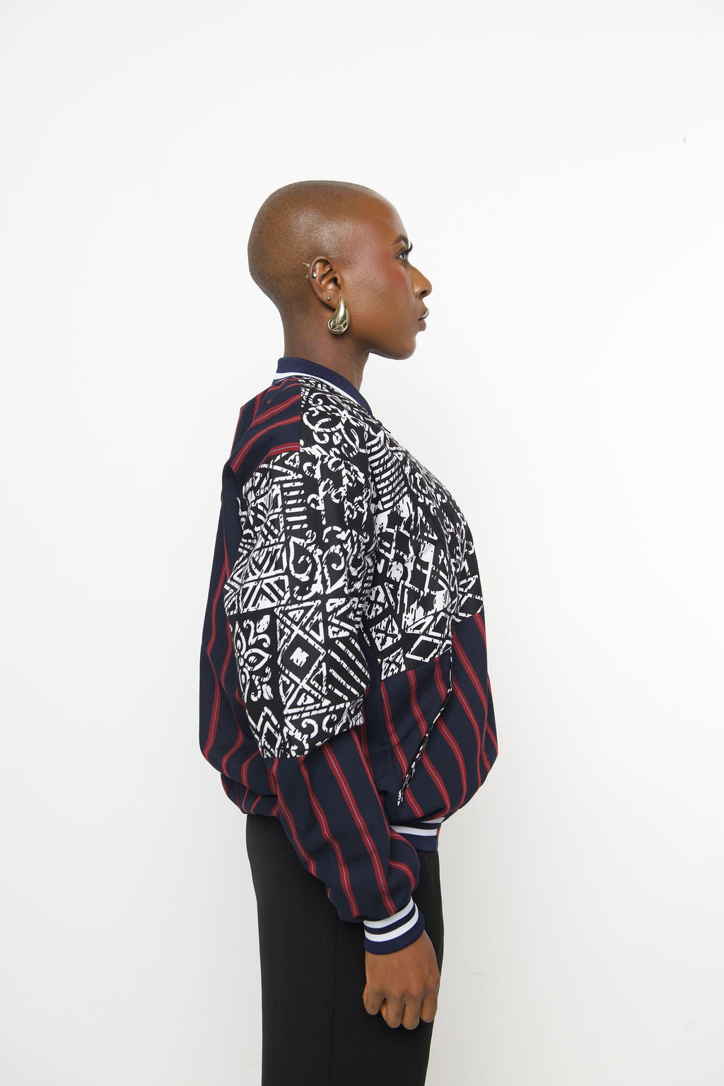 African Print Bomber Jacket – Unisex Ankara Streetwear | Handmade Tribal Pattern Jacket with Striped Accents