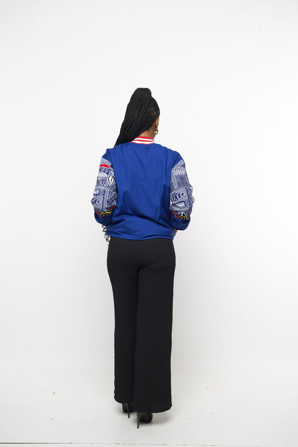 Ninoo- B African Print Bomber Jacket – Blue Red Unisex Ankara Streetwear | Handmade Statement Jacket