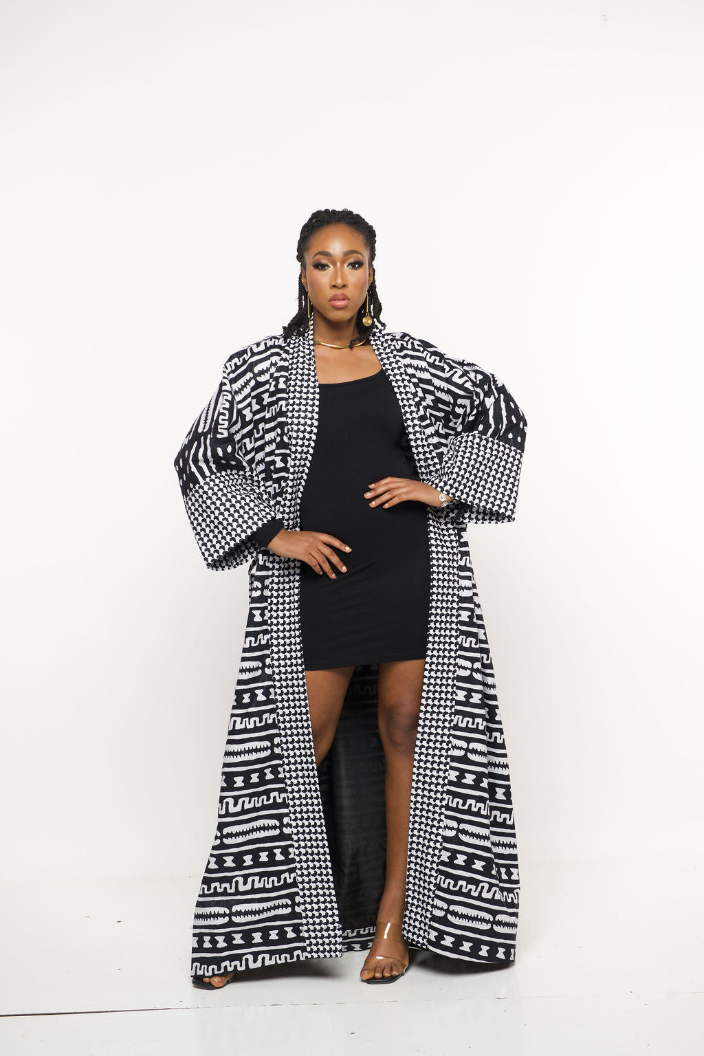 ‘Sanaa-Ndop’ Regal |Monochrome Houndstooth Maxi Kimono Robe
