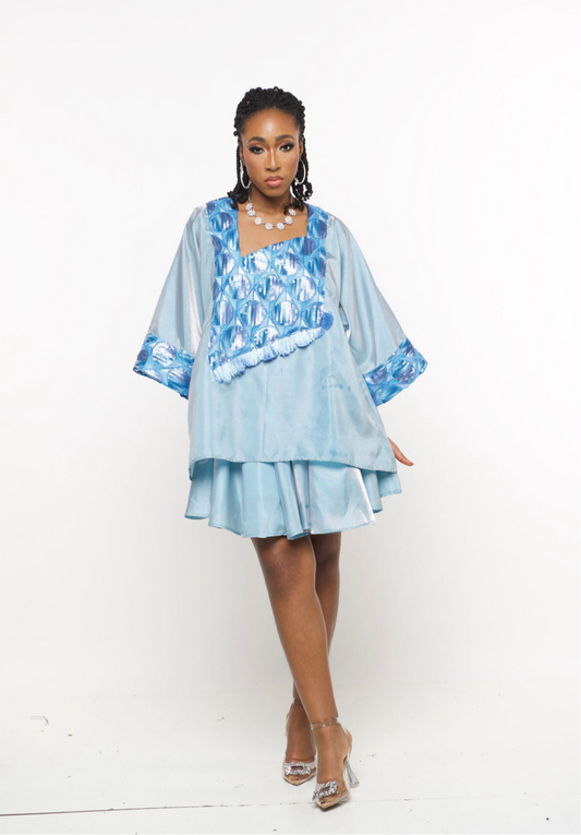 ‘Shurii’ Luxury baby blue Satin African Kaftan set
