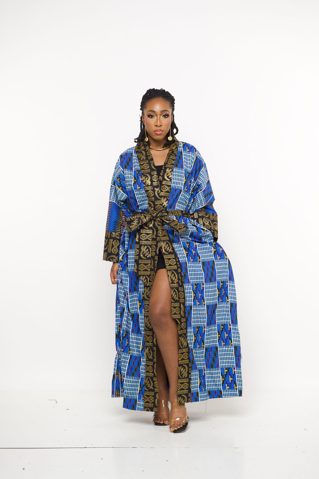 ‘Nadii’ Ankara Kente-Inspired Blue & Gold Maxi Kimono Robe