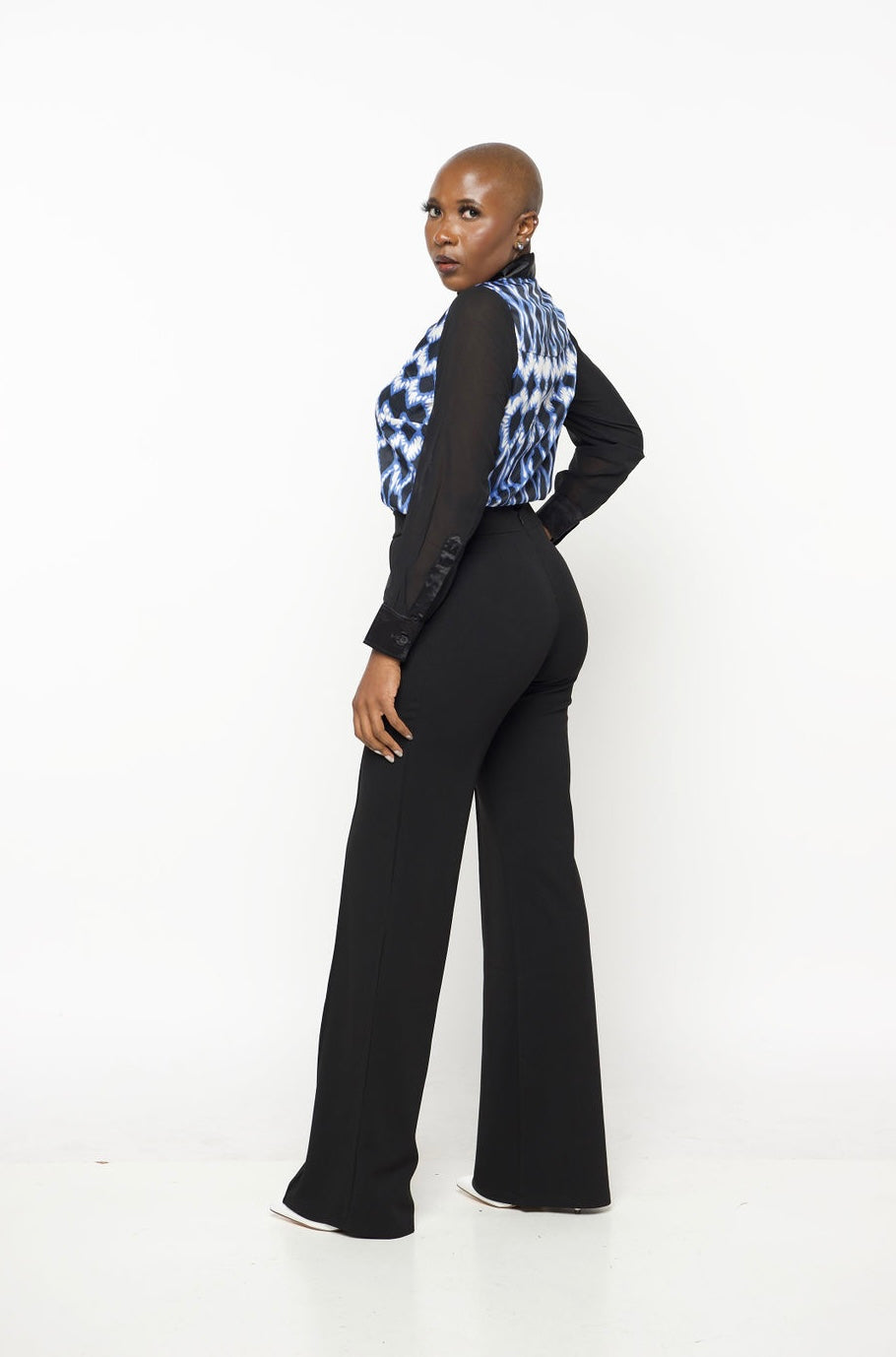 ‘Opal’ Blue & Black Button-Down Shirt with Sheer Sleeves – Women’s Elegant Work to Evening Blouse