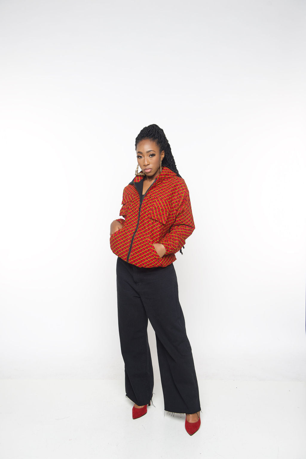 ‘Tifu’ Red African Print Hoodie Jacket – Red Bomber, Unisex Festival Streetwear