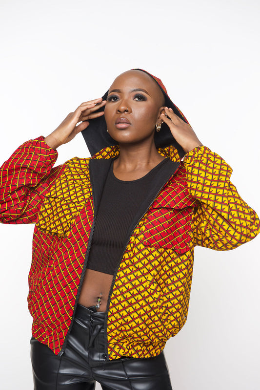 ‘Tifu’ African Print Hoodie Jacket – Red and Yellow Ankara Bomber, Unisex Festival Streetwear