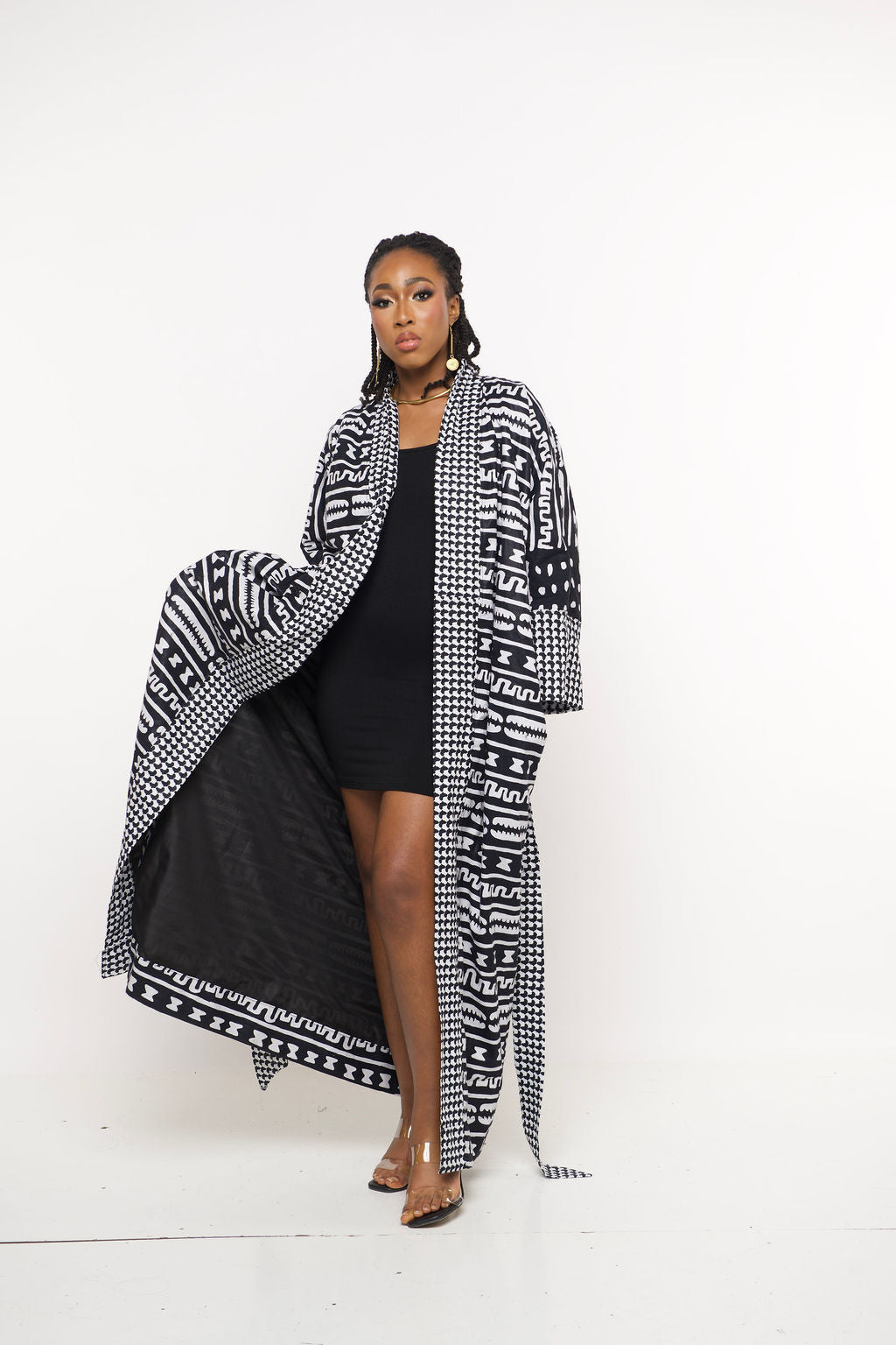 ‘Sanaa-Ndop’ Regal |Monochrome Houndstooth Maxi Kimono Robe