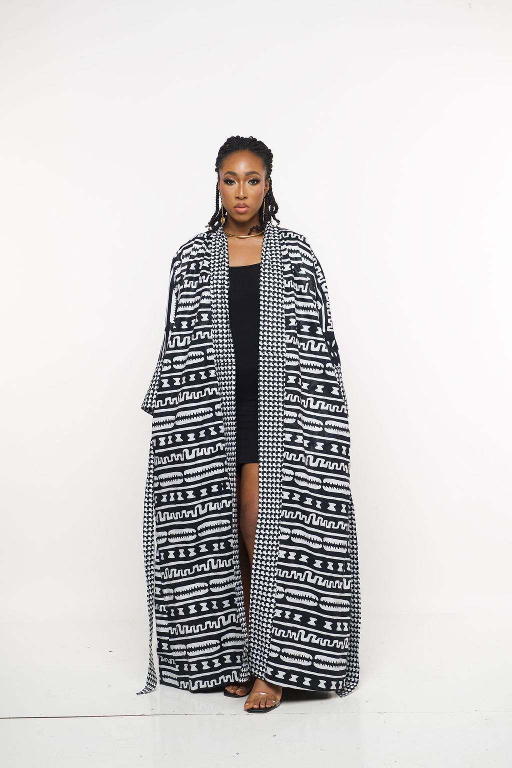 ‘Sanaa-Ndop’ Regal |Monochrome Houndstooth Maxi Kimono Robe